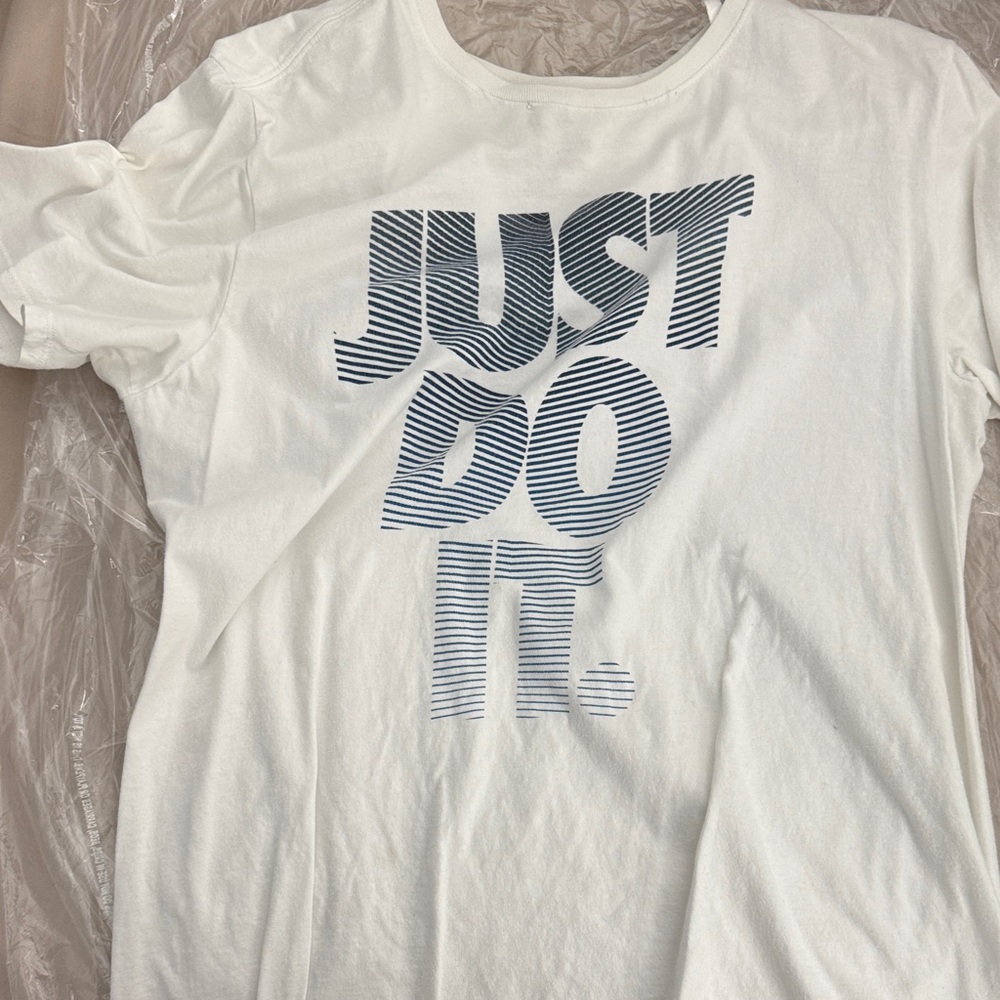 Nike White Tee with Striped Dark Blue Text